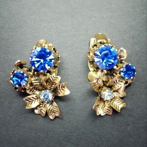 Vintage Austrian Floral Cobalt Blue Rhinestone Filigree Gold Tone Clip Earrings